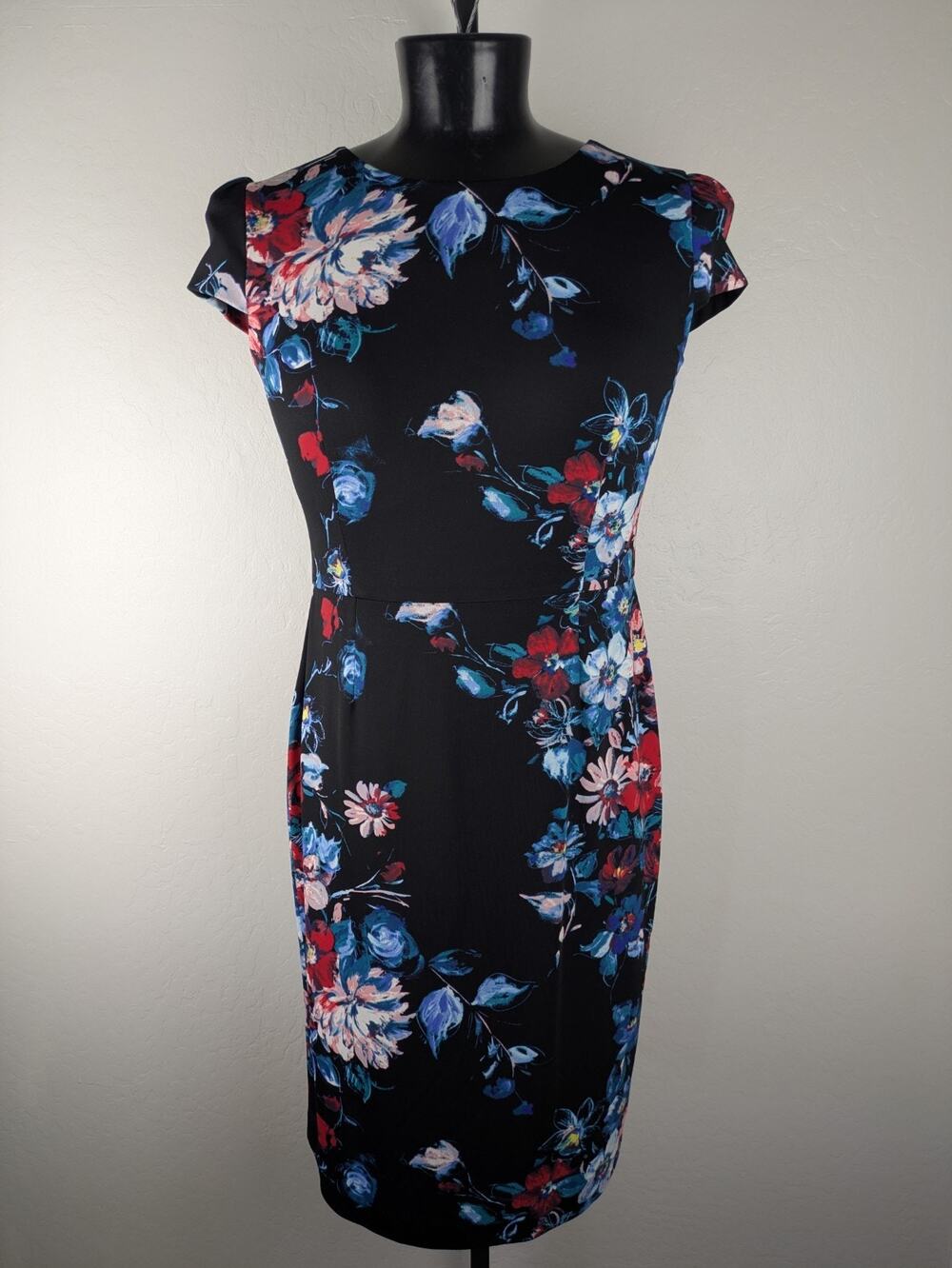 Betsey Johnson Midi Length Sheath Dress Back Zip Stretch Black Floral